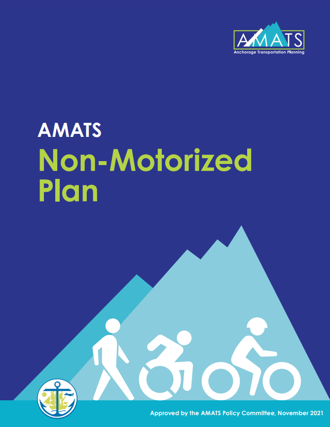 Plan Cover: Blue background; a pedestrian walking a& one rolling & a bicyclist in front of teal gradation of mountains