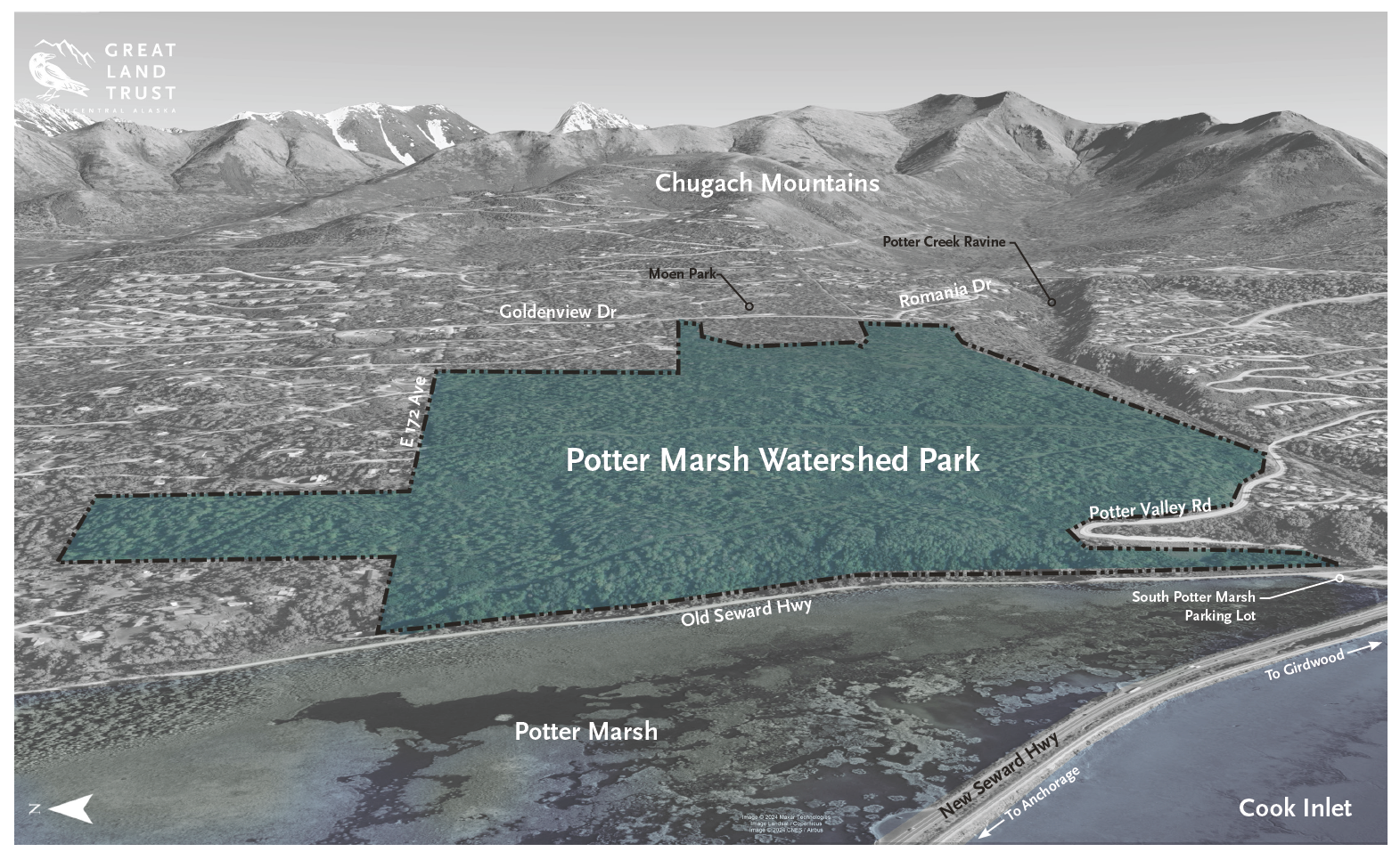 a map showing where the Potter Marsh Watershed Park sits in relation to Potter Marsh