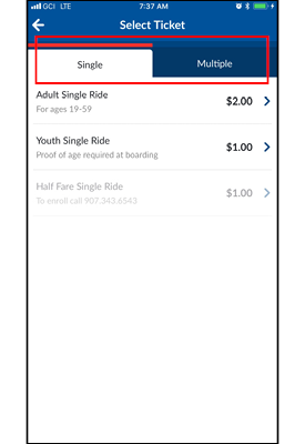 Ticket Selection Screen